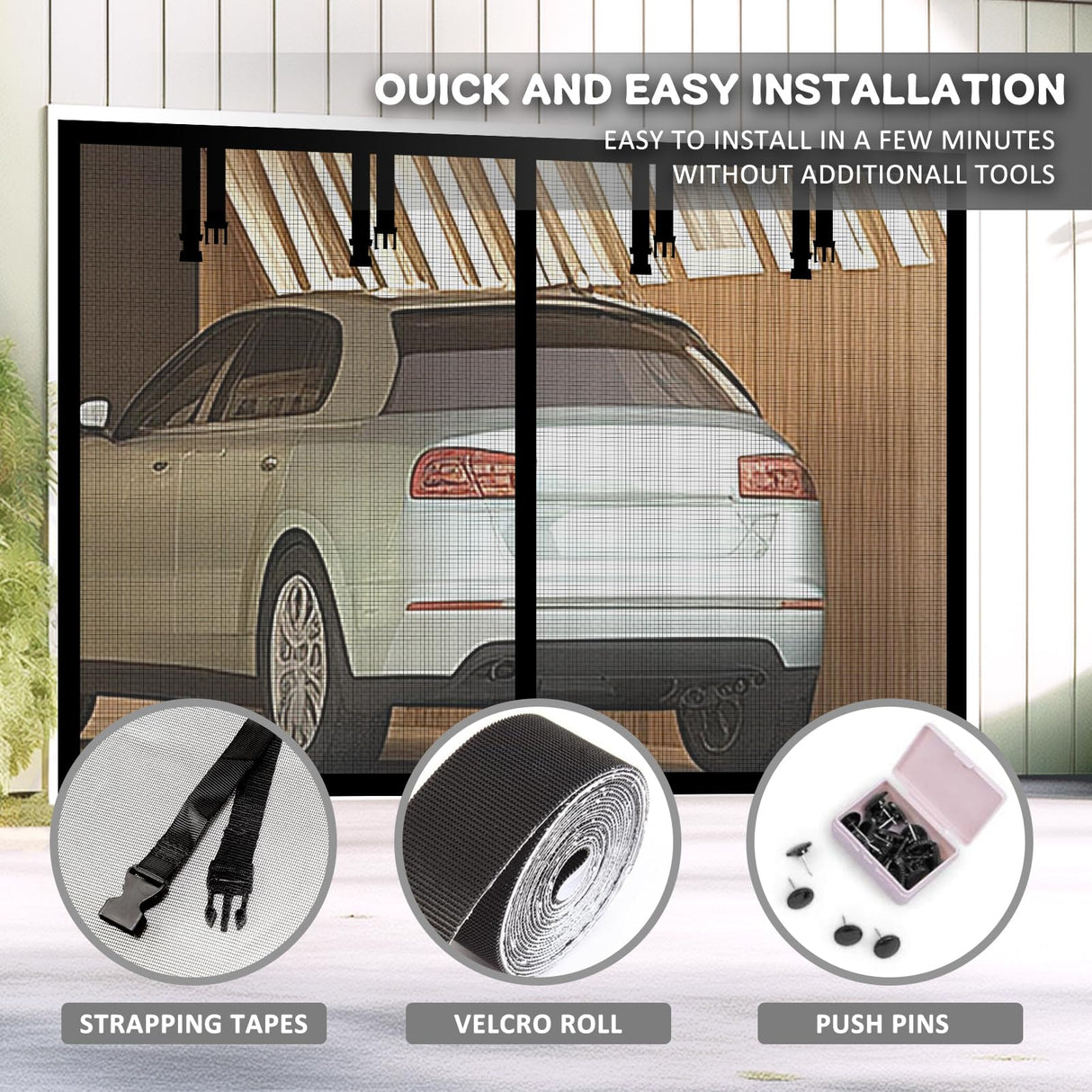 Aurelio TECH Magnetic Garage Door Screen for 1 Car 9x7 ft Single Garage Door Mesh Screen Curtain Cover Kit with Hook and Loop, Black (GSD-0009-07)