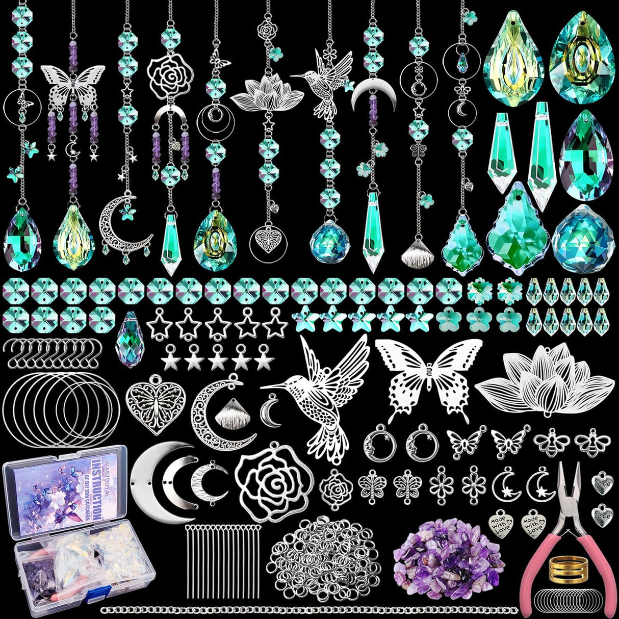 WASTROYAL 10 Sets DIY Suncatchers 420pcs Sun Catchers Making Supplies Kit Crafts for Adults Hanging Prism Sun Catcher with Crystals for Indoor Window Home Wedding Garden Spring Decor (Hummingbird)