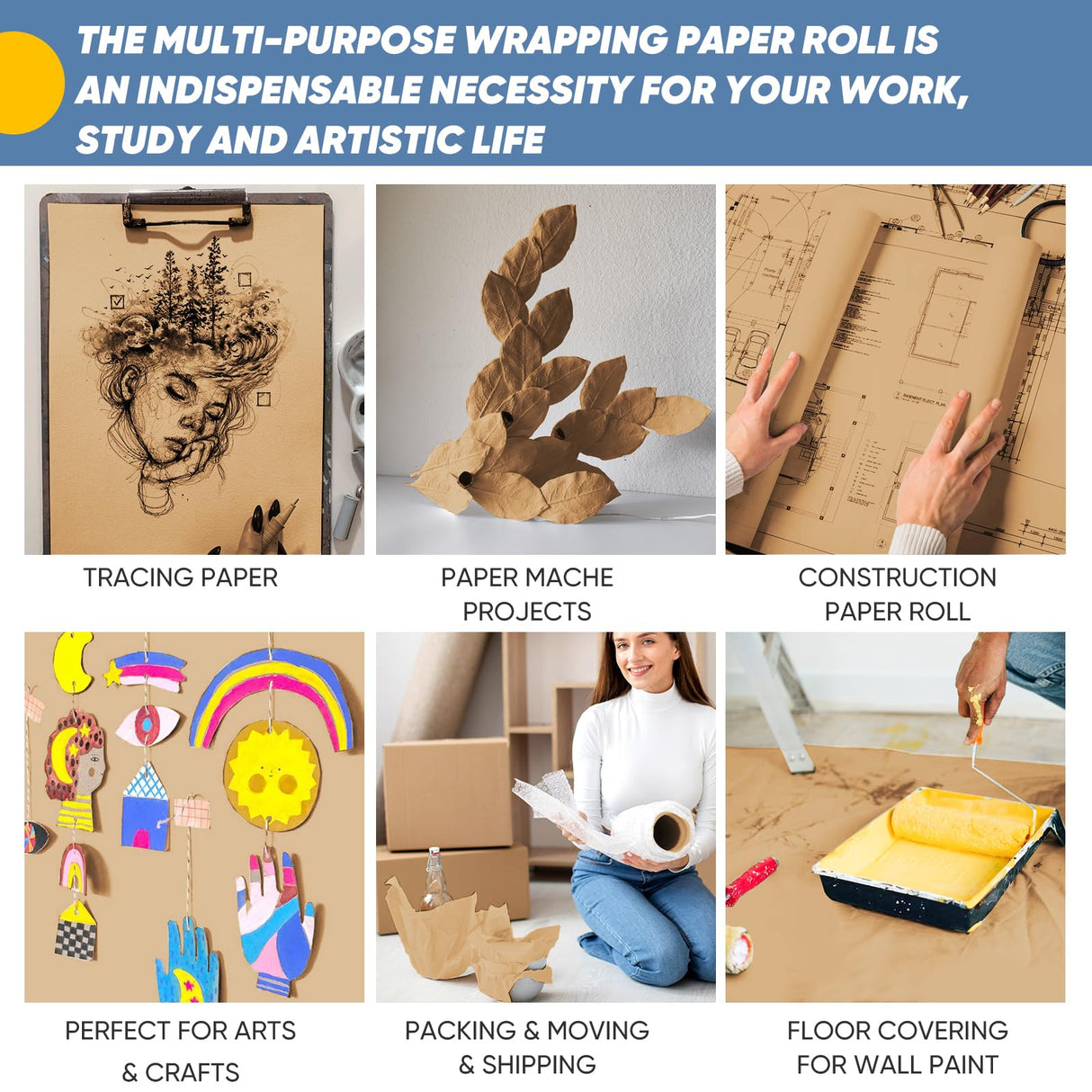 36" x 3600" (300') Brown Kraft Paper Roll, Gift Wrapping Paper for Craft Bulletin Board Art Decorative Paper Roll Christmas Bouquet Flower Table Covering Packing Shipping Moving Supplies 70GSM 50LB