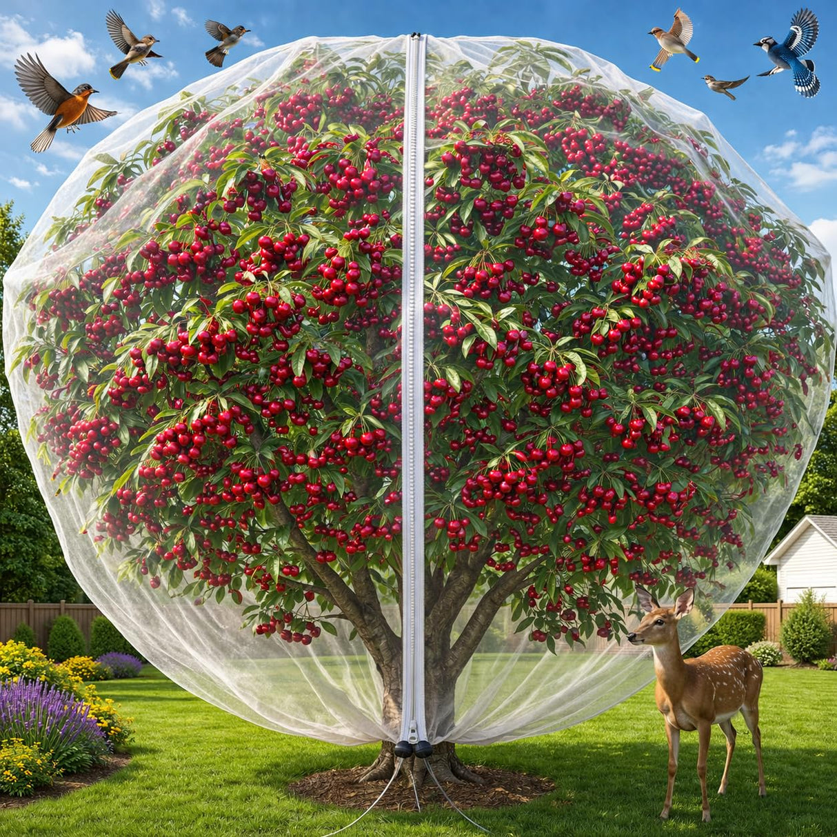 1Pack 13x13ft Large Fruit Tree Netting with Zipper and Drawstring – Anti-Insect, Anti-Bird Protection for Apple, Peach, Cherry Trees and Vegetables – Ideal for Home Gardens,Small Organic Farms