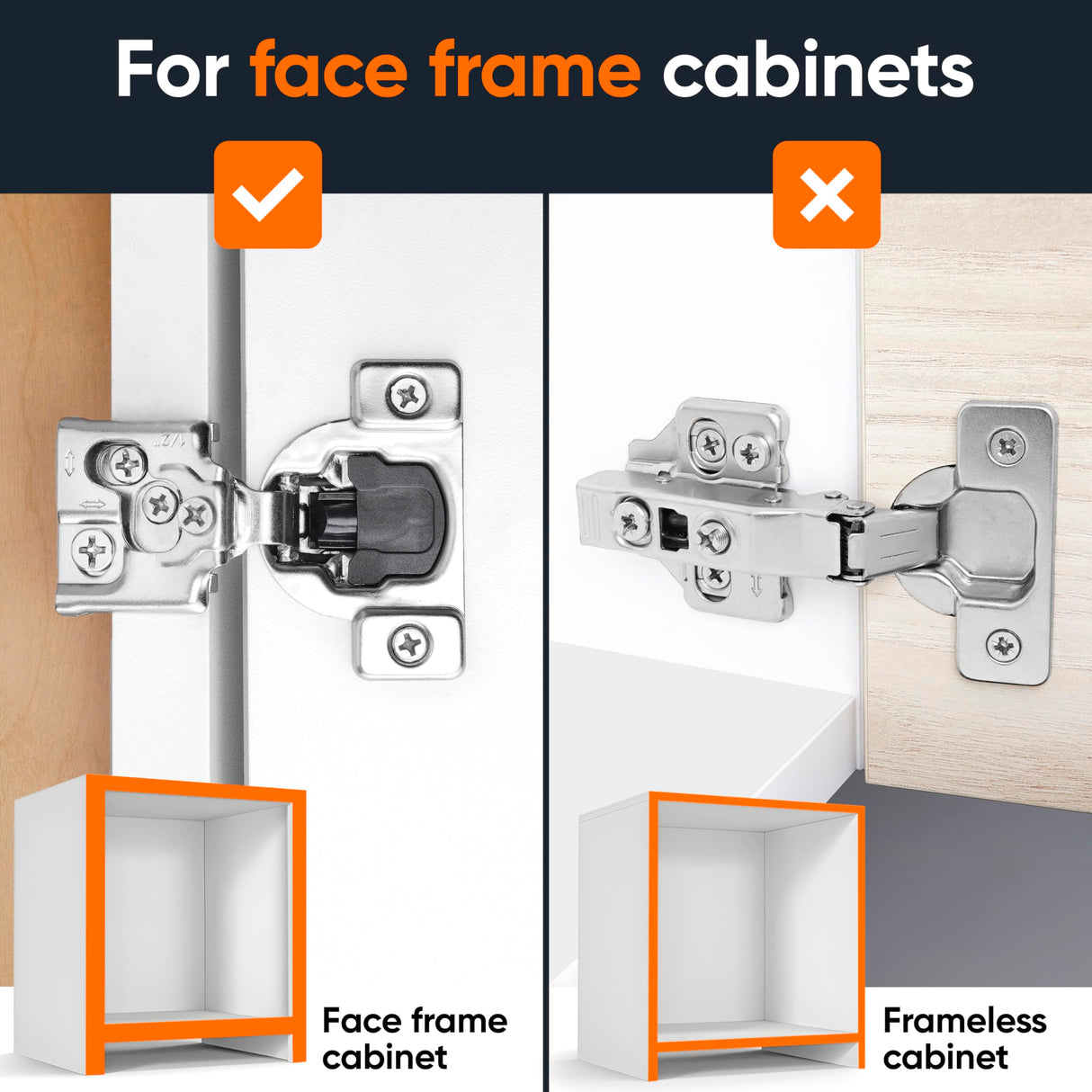 Decobasics 50 Pack Soft Close Cabinet Hinges – 1/2" Overlay for Kitchen Cabinet Doors, Slow Self-Closing Concealed Hidden Hinges for Face Frame –Stainless Steel, 3-Way Adjustable & Quiet Close Damper