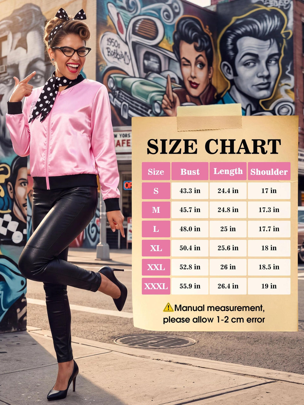 SOMSOC 5 Pieces 1950s Women Pink Satin Jacket with Polka Dot Scarf Headband Earrings Eye Glasses Halloween Party Costume Set
