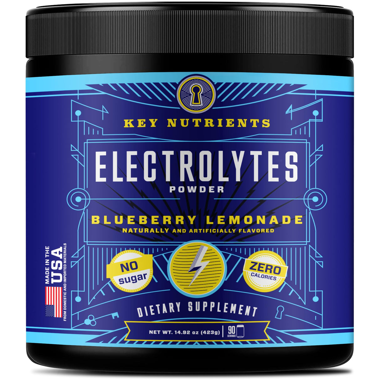 KEY NUTRIENTS Multivitamin Electrolytes Powder No Sugar - Fresh Blueberry Lemonade Electrolyte Powder - Endurance & Energy Supplement - Hydration Drink - No Calories - 90 Servings - Made in USA