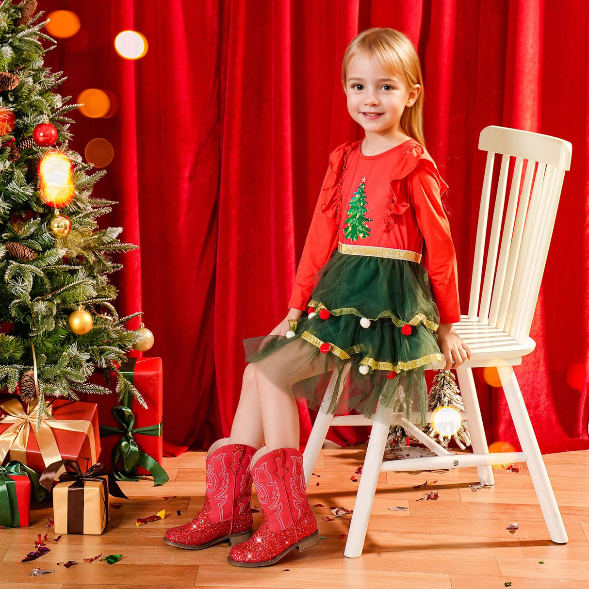 Motasha Girls Cowgirl Boots Glitter Toddler Girls Boots Red Cowboy Boot for Girl Size 10 Little Big Kids Boot Western Riding Shoes Party Birthday Christmas (M7101 Sequins Red 10)