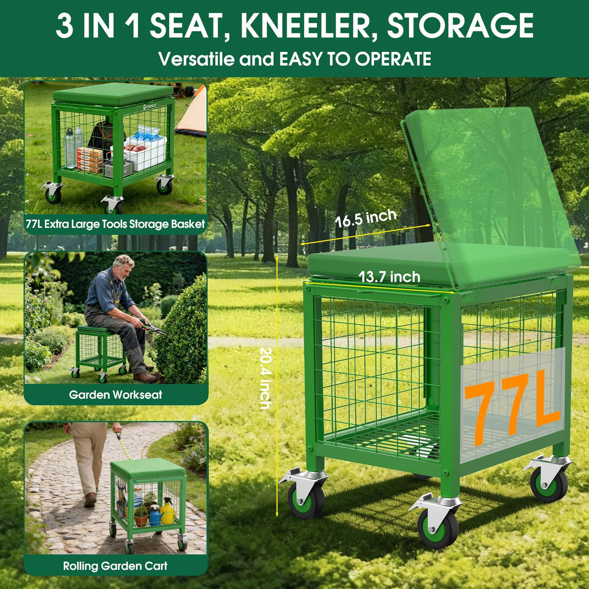 TITIUNCLE Rolling Garden Work Seat with Wheels, 500 Lbs Garden Cart with Seat, Heavy Duty Metal Rolling Garden Stool with Wheels for Seniors, Lawn, Patio, Backyard Gardening Outdoor Use 3 in 1, Green