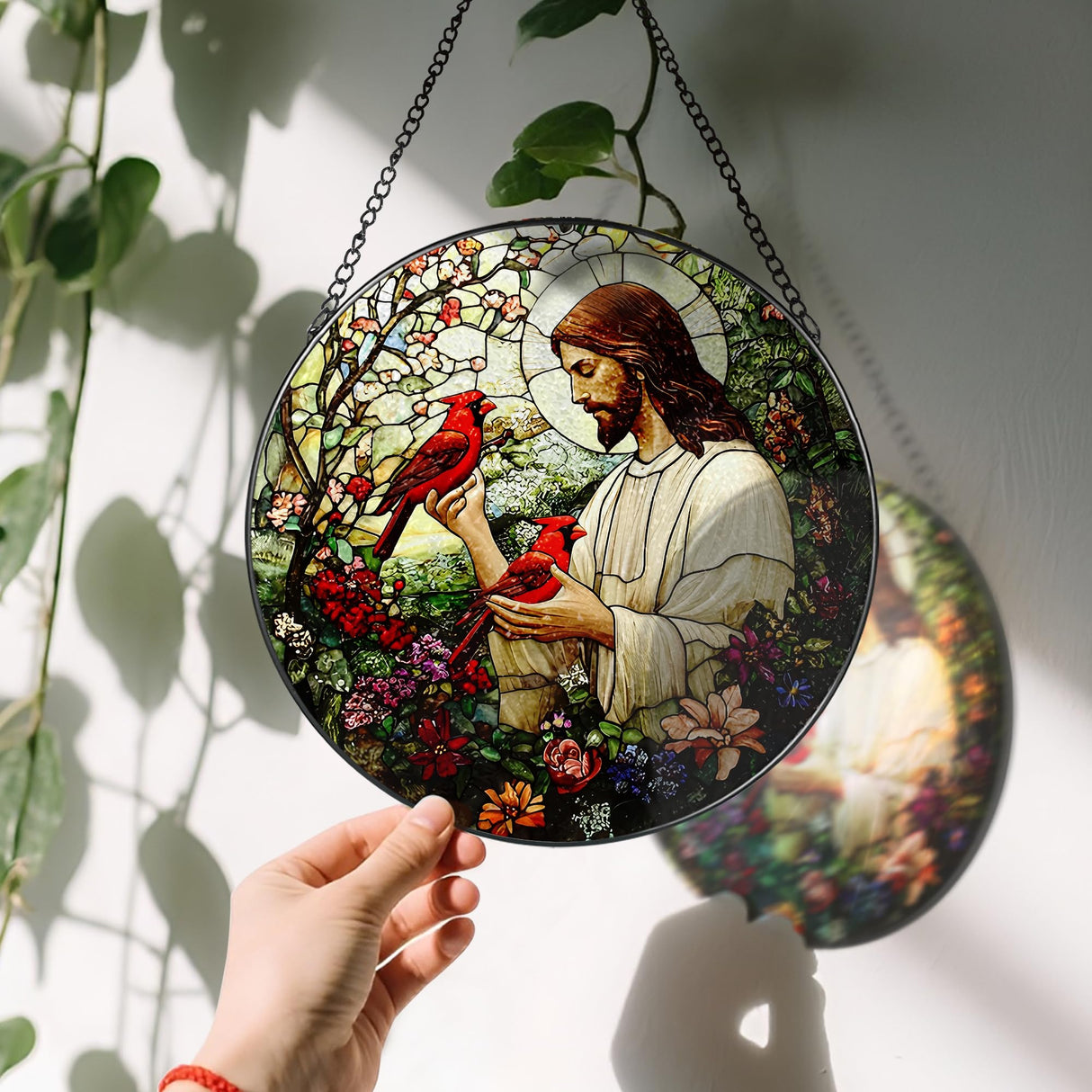 8-Inch Jesus with Cardinals Suncatcher Ornament, Stained Glass Window Hanging & Religious Christmas Ornament, Christian Window Decor ā Memorial Gift, Christian Gifts for Her, Religious Gifts