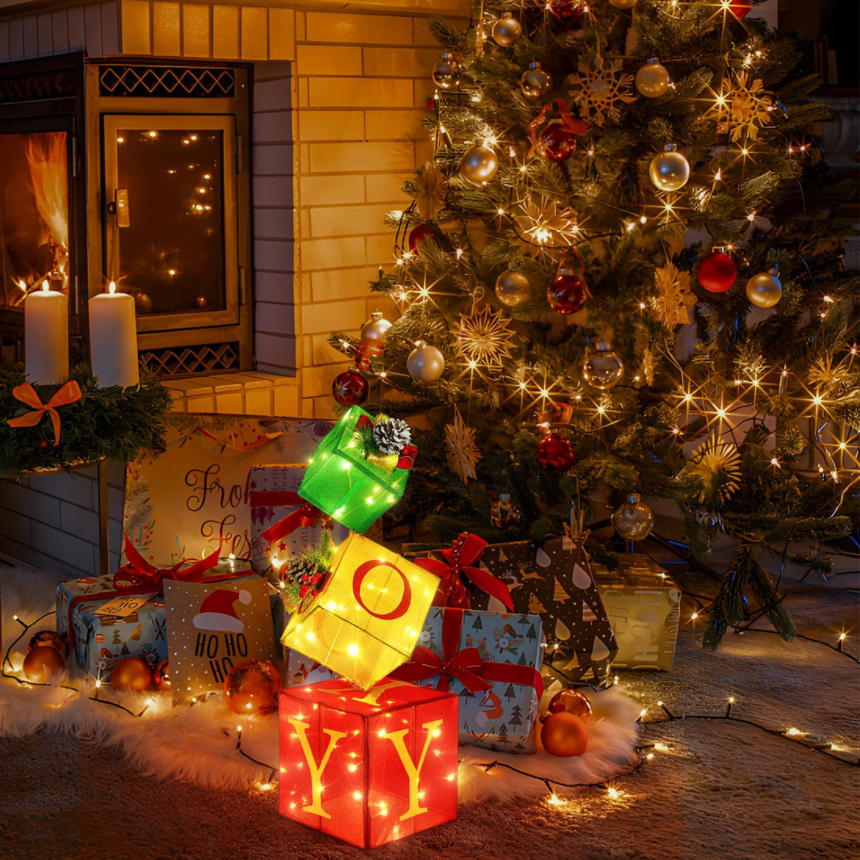 COVFEVER Christmas Joy Lighted Gift Boxes Decorations Set of 3, 2.6Ft Stackable Christmas Nesting Boxes Battery Operated for Home and Party Decoration