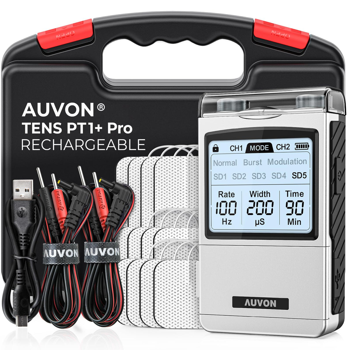 AUVON Rechargeable TENS Unit Muscle Stimulator, FSA HSA Eligible, Digital TENS Machine with 8 Customizable Modes, Electronic Massager for Sciatica, Shoulder & Back Pain Relief, 12 Pads, A Carry Case