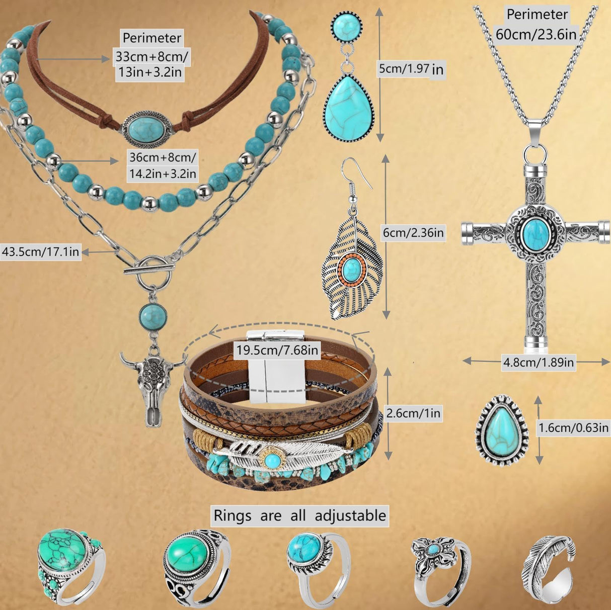 OLngMaMa Western Jewelry for Women - Boho Turquoise Jewelry Set with Turquoise Necklace, Earrings, Bracelet & Rings (turquoise boho style)