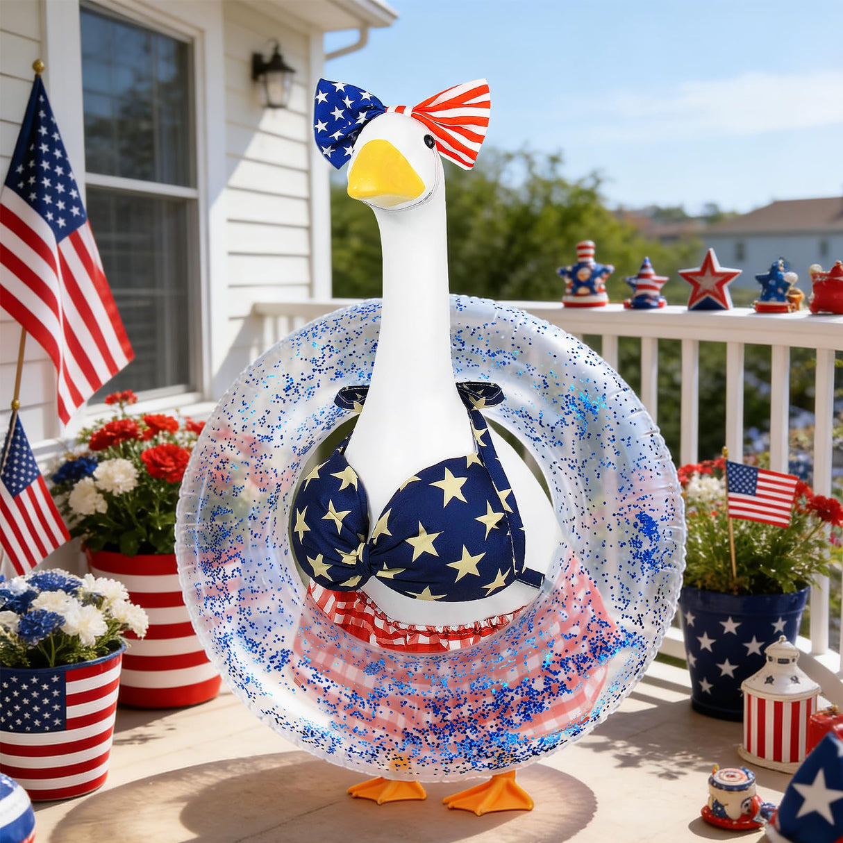 APHIUFR 4th of July Porch Goose Outfits,3 Pcs Goose Outfit Set with Bow Headband,Bikini Skirt and Swim Ring,Fits 23-Inch Lawn Goose Statue,Patriotic Porch Goose Clothes for Yard Garden Patio Decor