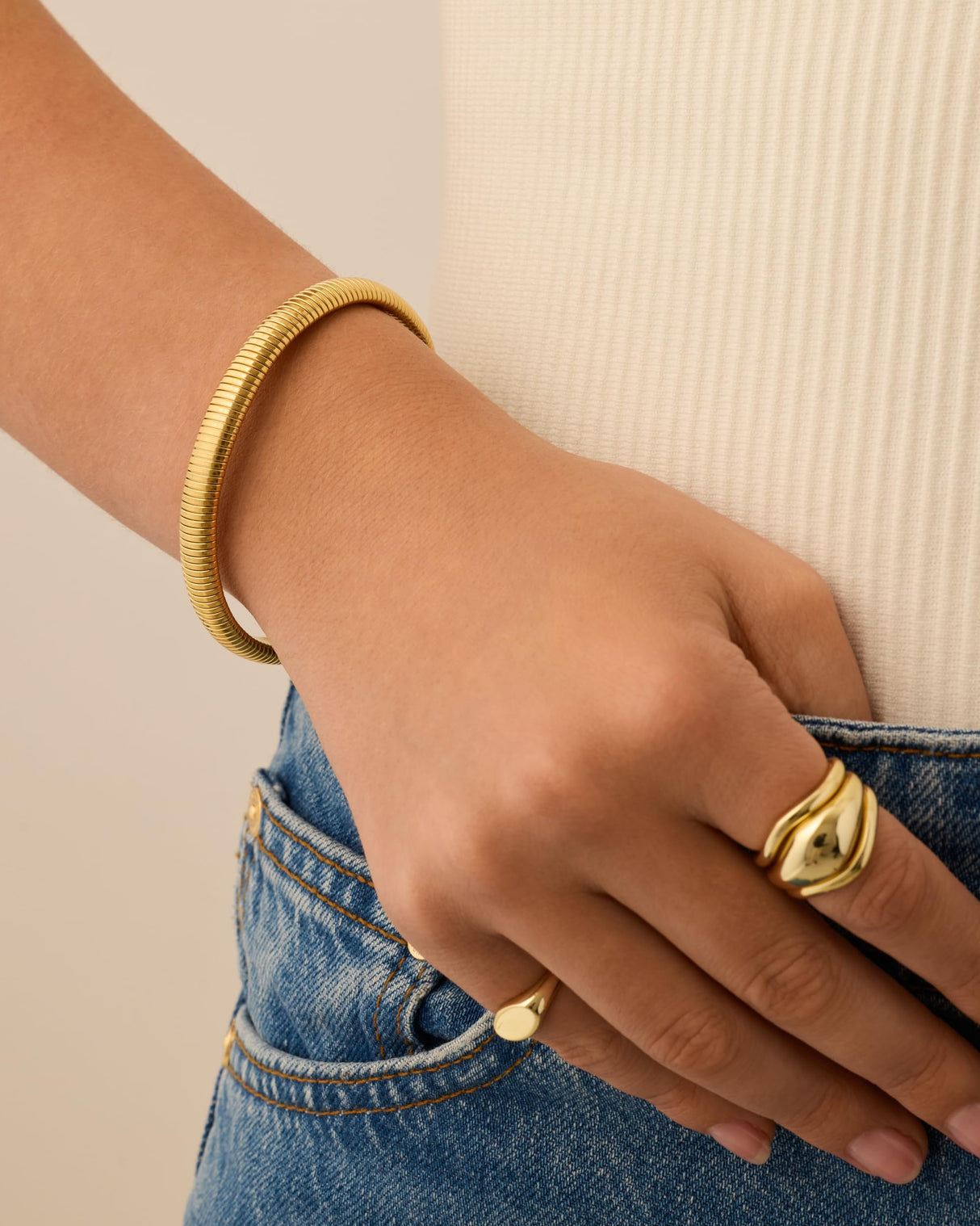 PAVOI Stainless Steel 14K Yellow Gold Plated Waterproof Flexible Stretch Chunky Bangle for Women | Cobra Bracelet 8mm Wide
