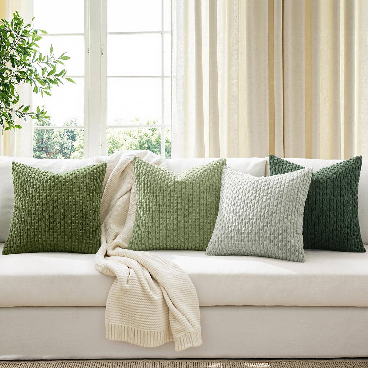 MIULEE Decorative Sage Green Christmas Throw Pillow Covers Soft Couch Set of 4 Boho Striped Cushion Covers Corduroy Pillowcases Farmhouse Home Decor for Couch Bed Sofa Room 18x18 Inch Forest Green