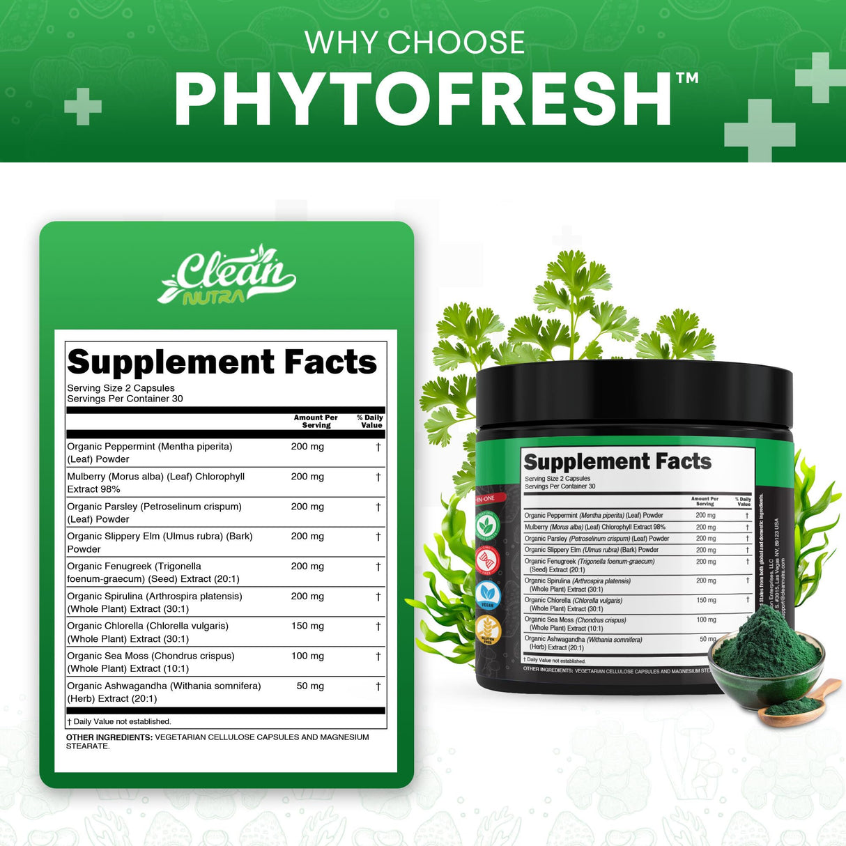 Clean Nutra Chlorophyll Capsules Supplement Internal Deodorant Peppermint, Sea Moss, Parsley, Chlorella, Spirulina, Slippery Elm, Ashwagandha, PhytoFresh Greens Detox Pills