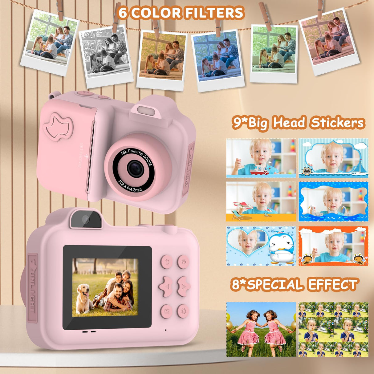 Kids Camera Instant Print, Christmas Birthday Gifts Toys for Girls Boys Age 4 5 6 7 8 9 10 11 12 Years Old,1080P HD Dual Lens Selfie Digital Camera with 5 Rolls Print Paper Stickers Pens 32G Card