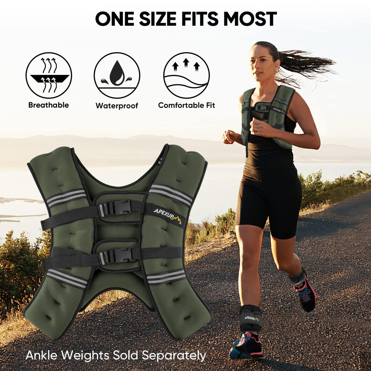 APEXUP Weighted Vest with 5lbs/10lbs/15lbs/20lbs/25lbs/30lbs Weights and Reflective Stripe, Weight Vest Men Women for Workout, Strength Training, Running (Green, 25lbs)