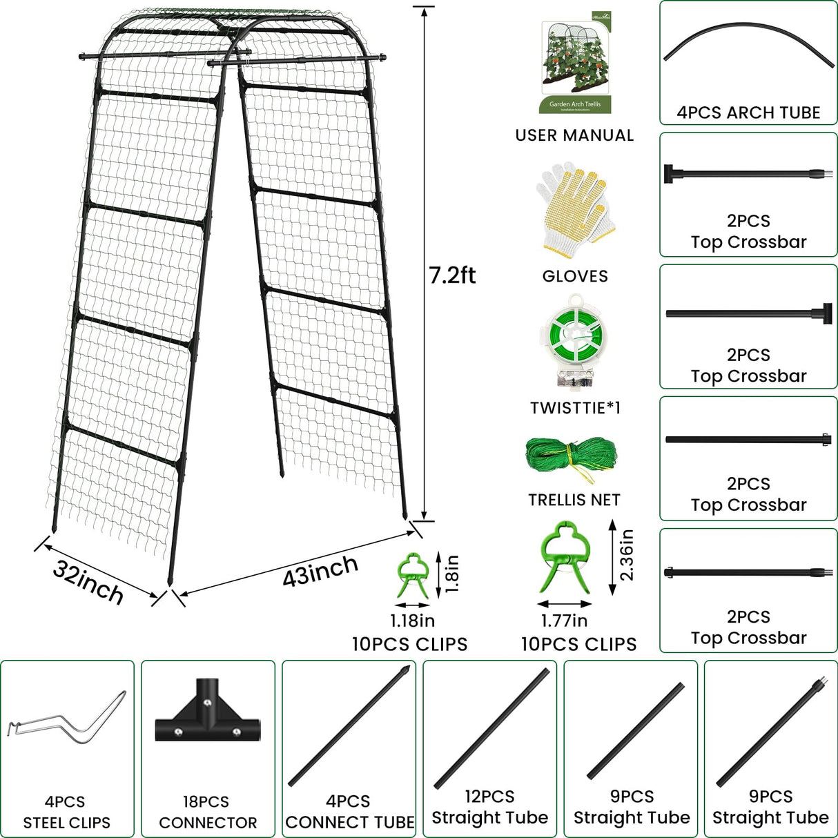 Heavy Duty Garden Arch Trellis for Climbing Plants, 20mm Thick Rustproof Metal Frame, Easy Assembly No Tools, 7.2ft Tall Vine Support with Netting & Gloves for Cucumbers Beans Roses