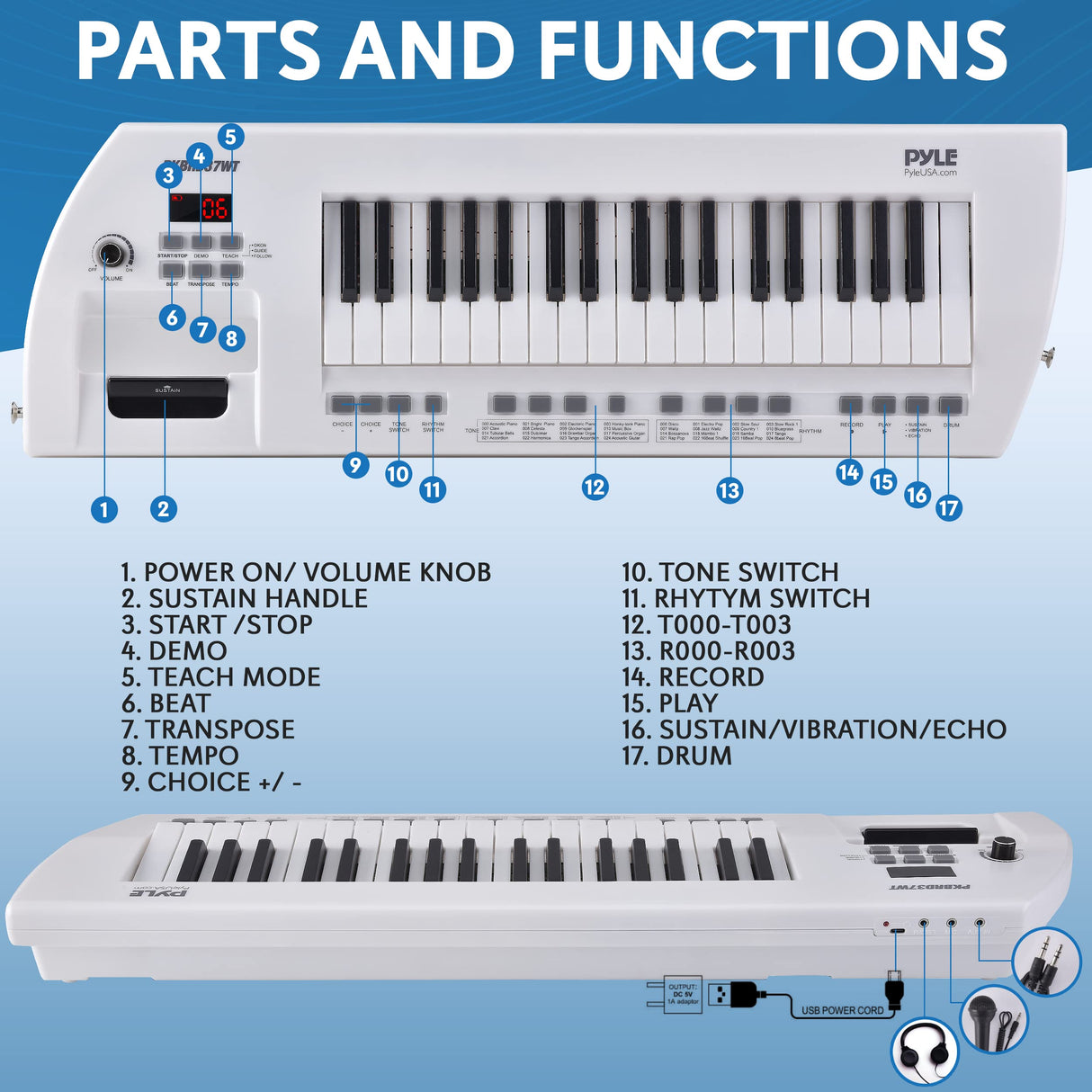 Pyle Electric Piano, 37-Key Music Keyboard, Built-in Stereo Speakers, Rechargeable Battery, Wired Microphone, Portable Design, Tones, 200 Rhythms (PKBRD37WT)