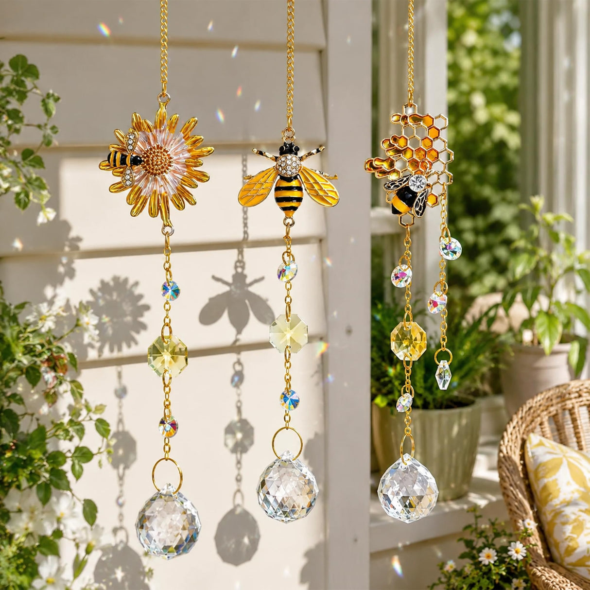 3 Pack Crystal Bee Honeycomb Suncatcher Hanging Window Garden Decor