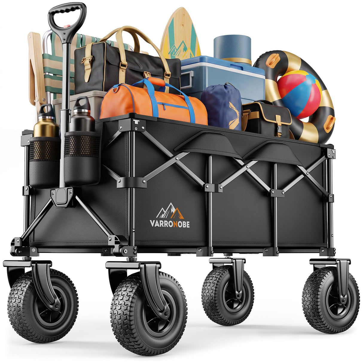 All-Terrain Beach Wagon with 10" x 3.5" Big Inflatable Rubber Wheels for Sand, 220L Collapsible Utility Wagon, 400 lbs Heavy Duty Folding Cart with 2 Cup Holders for Camping, Sports, Garden, Black