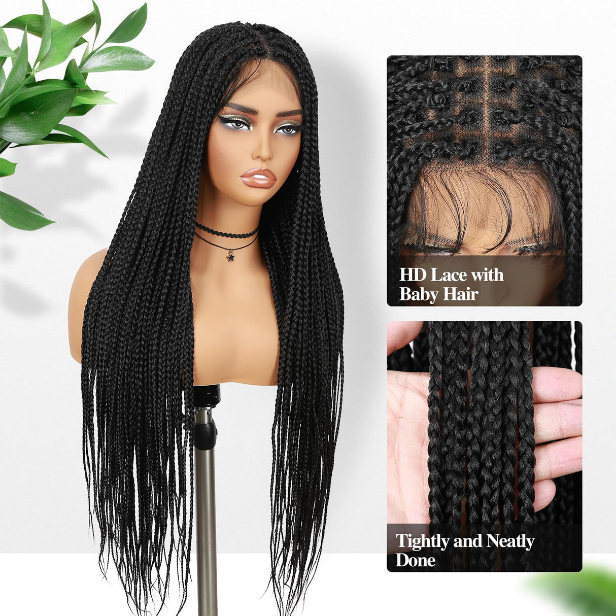 Fancy Hair 32" Braided Wig Square Knotless Box Braided Wigs for Black Women Full Double Lace Glueless Braids Wig with Baby Hair Synthetic Black Braided Wig for African American Women(Updated Version)
