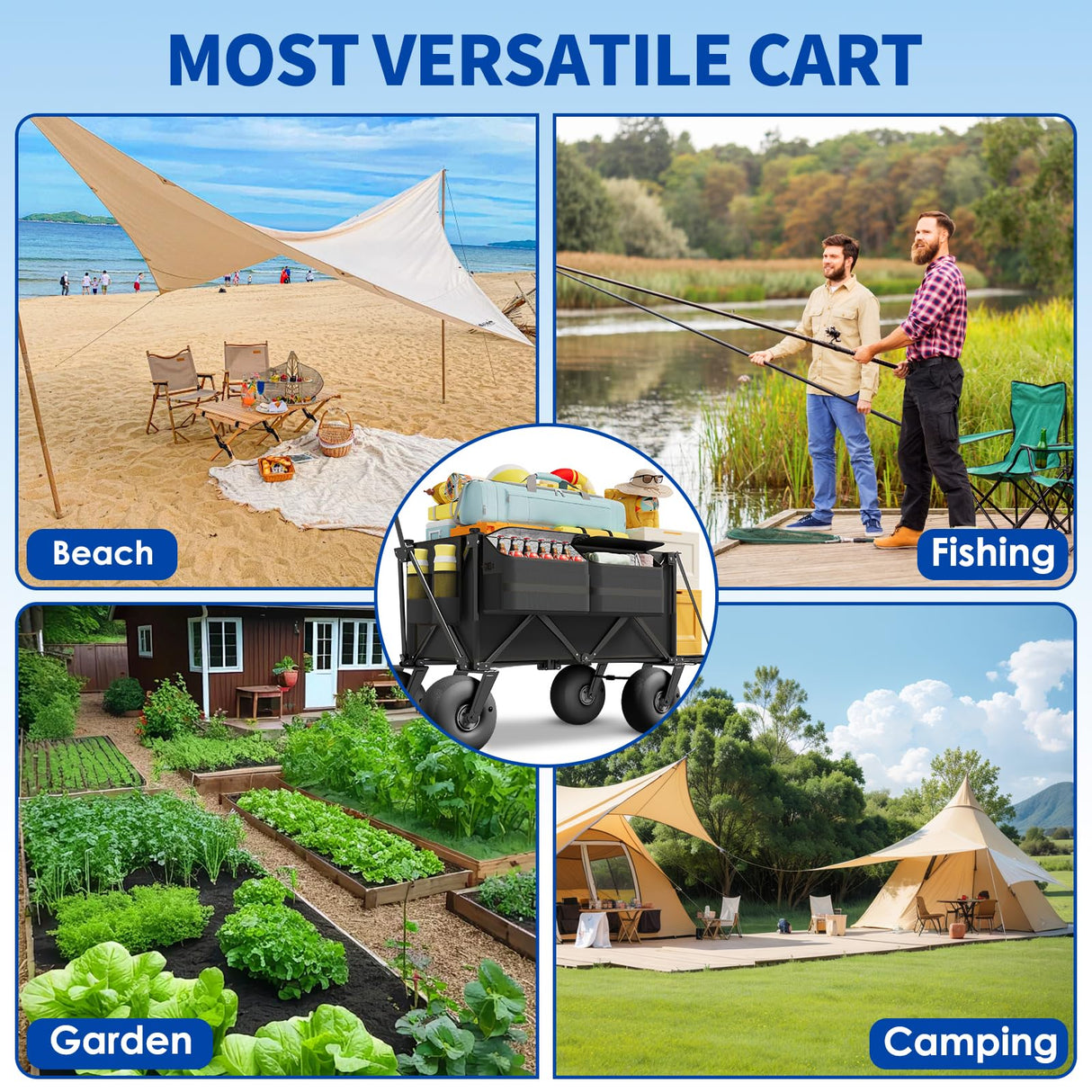 Beach Wagon with Big Wheels for Sand - 450lbs Load Heavy Duty Wagons Carts Foldable with 9" All Terrain Inflatable Tires, Collapsible Beach Cart for Grocery Shopping Garden Sports Camping Outdoor
