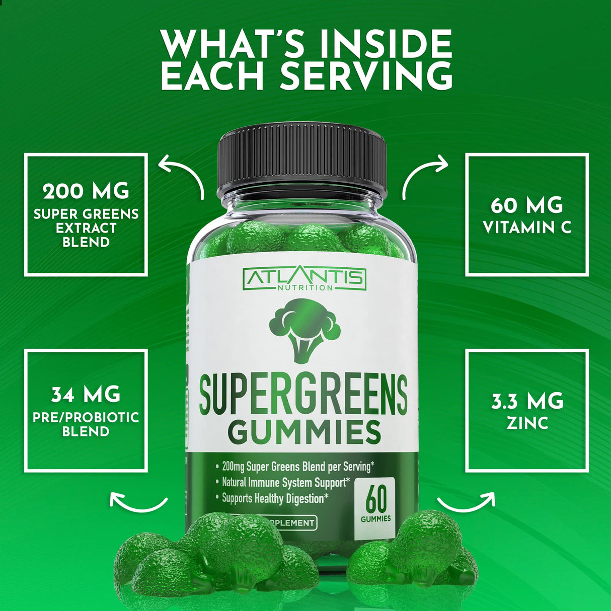 Atlantis Nutrition Supergreens Gummies - Daily Green Superfoods Supplement with Spinach, Broccoli, Moringa, Beet Root, Celery, Green Tea, & Acai for Immunity Support - Natural Raspberry Flavor, 60 cnt