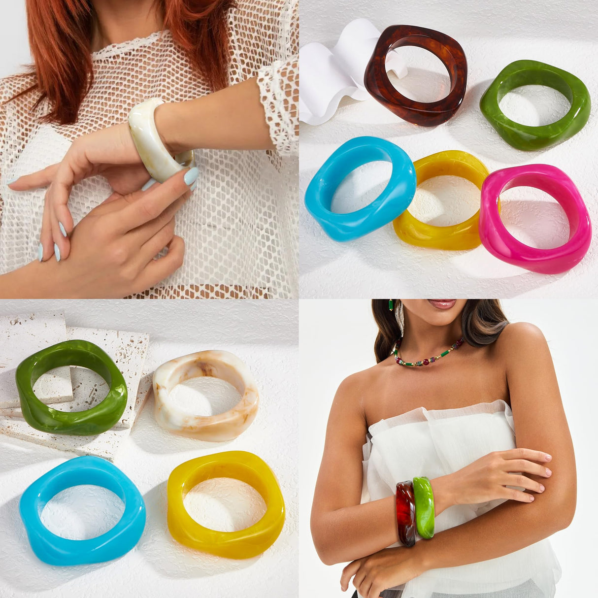 MEDOJO 6 Pcs Colorful Square Acrylic Resin Bangle Bracelet Wide Geometric Irregular Geometric Wristbands Cuff Bangle Bracelet for Women