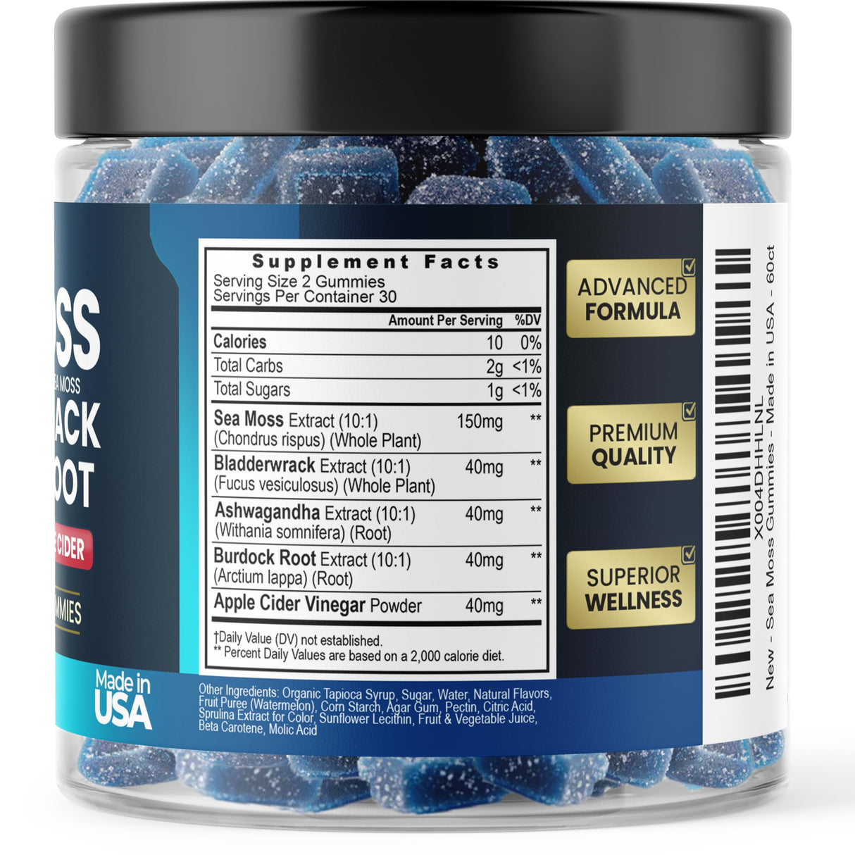 Vitamax Irish Sea Moss Gummies, Sea Moss, Bladderwrack, Ashwagandha, Burdock Root, ACV - Multi-Mineral - Non-GMO and Vegan – Made in USA – 60ct