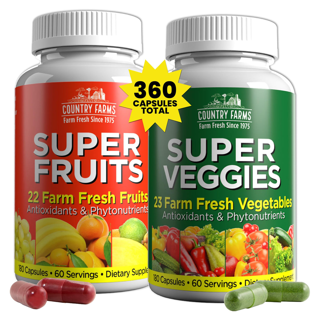 Country Farms Fruits and Vegetables Supplement, 180 Fruit and 180 Veggie Capsules, Greens and Reds Packed with Superfoods, Powerful Antioxidants, 60 Servings