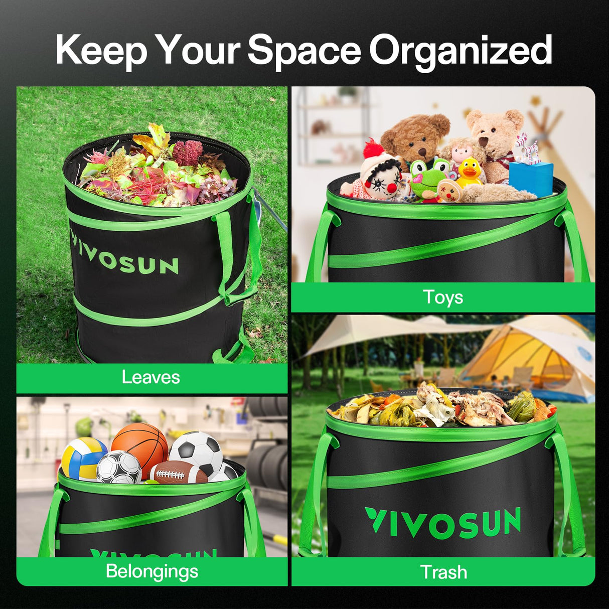 VIVOSUN 47-Gallon Collapsible Garden Bag, Yard Waste Bin with Hard-Shell Bottom, Leaf Scoops and Gloves, Collapsible Yard Waste Containers for Lawn Care and Camping, 2-Pack