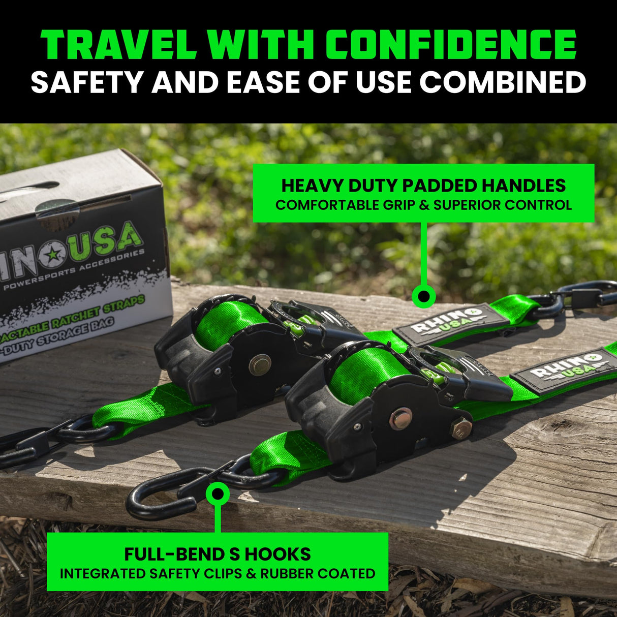 Rhino USA Retractable Ratchet Straps (2-Pack) - 2 Inch x 10 Feet (3,033lb Break Strength) - Heavy Duty Auto Self Retracting Tie Down Straps for Truck, Cargo Trailer, Motorcycle, Rad & More - Green