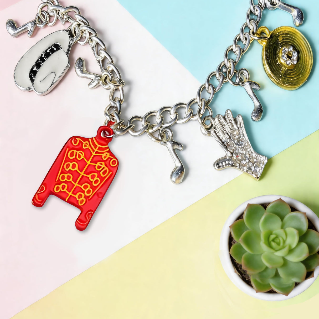 Music Inspired Charm Bracelet, Silver Chain with Red Jacket, Hat, Glove, BAD Charms, 7.29 Inch