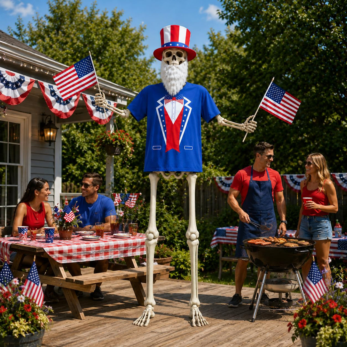 JcHrmers 12 ft Skeleton Patriotic Outfits 4th of July Skeleton Tuxedo T-Shirt Clothes with Hat Flags Beard Funny Giant Skull Clothing for Independence Day Summer Holiday Outdoor Decor