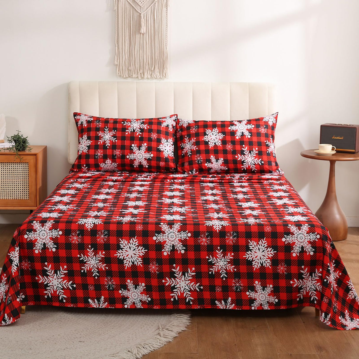 JSD Red Buffalo Plaid Snowflakes Sheet Set Queen Size, 4 Piece Christmas Winter Microfiber Bedding Sheets Extra Deep Pocket