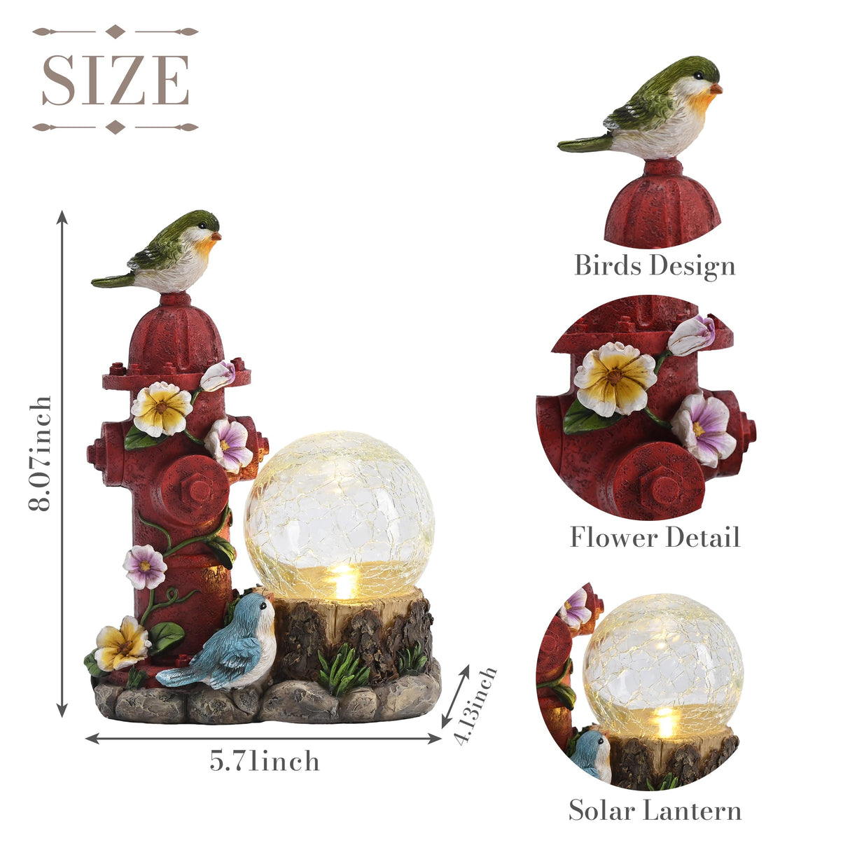 TERESA'S COLLECTIONS Garden Decor, Cute Birds and Hydrant Garden Statue with Solar Light Glass Ball, Waterproof Resin Outdoor Statue, Cute Bird Decor, Garden Gift for Women Mom, Indoor/Outdoor