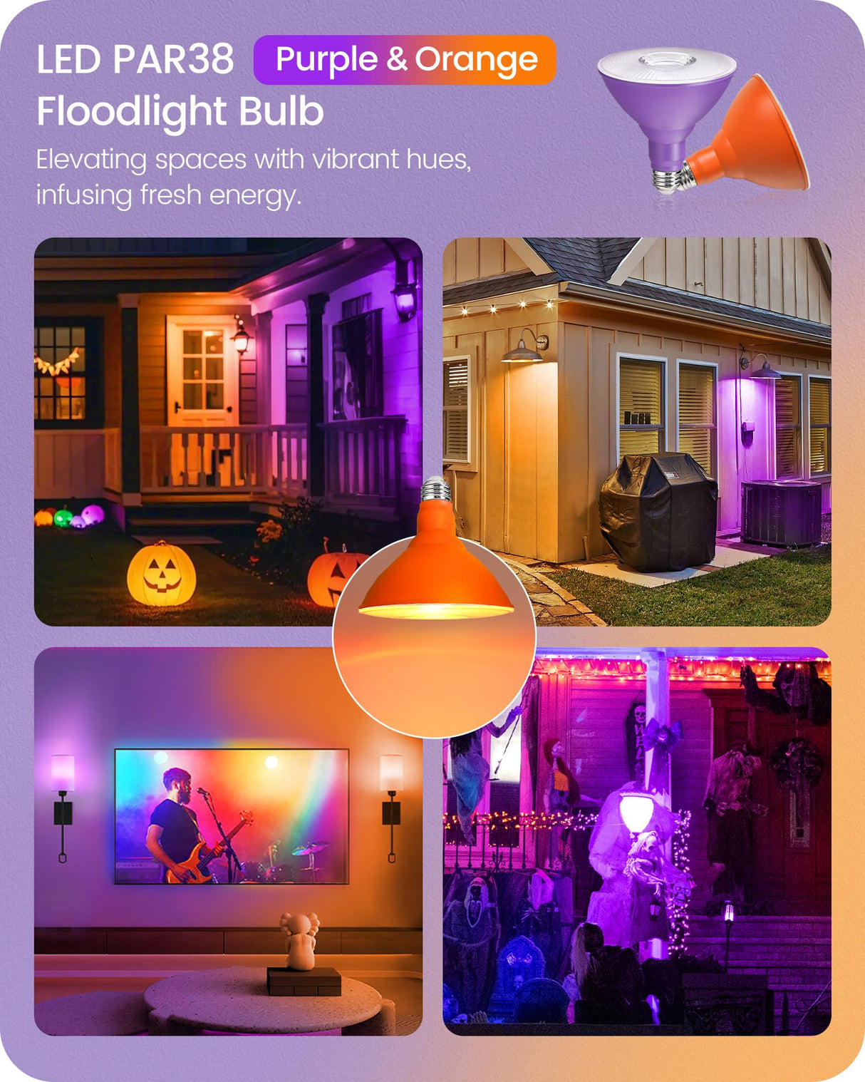 GOEBLESON 4-Set PAR38 LED Floodlights, Purple and Orange LED Bulbs, 18W Dimmable (120W Equiv.), E26 Base, Festival-Ready for Halloween, Christmas and Creative Parties, GZ04R3P405