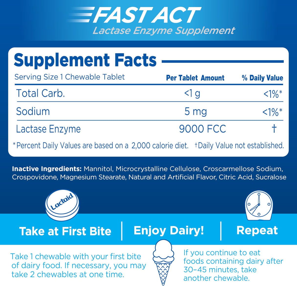Lactaid Fast Act Lactose Intolerance Relief Chewables with Natural Lactase Enzyme to Prevent Gas, Bloating & Diarrhea Due to Lactose Sensitivity, On-The-Go, Vanilla Twist Flavor, 60 x 1 ct