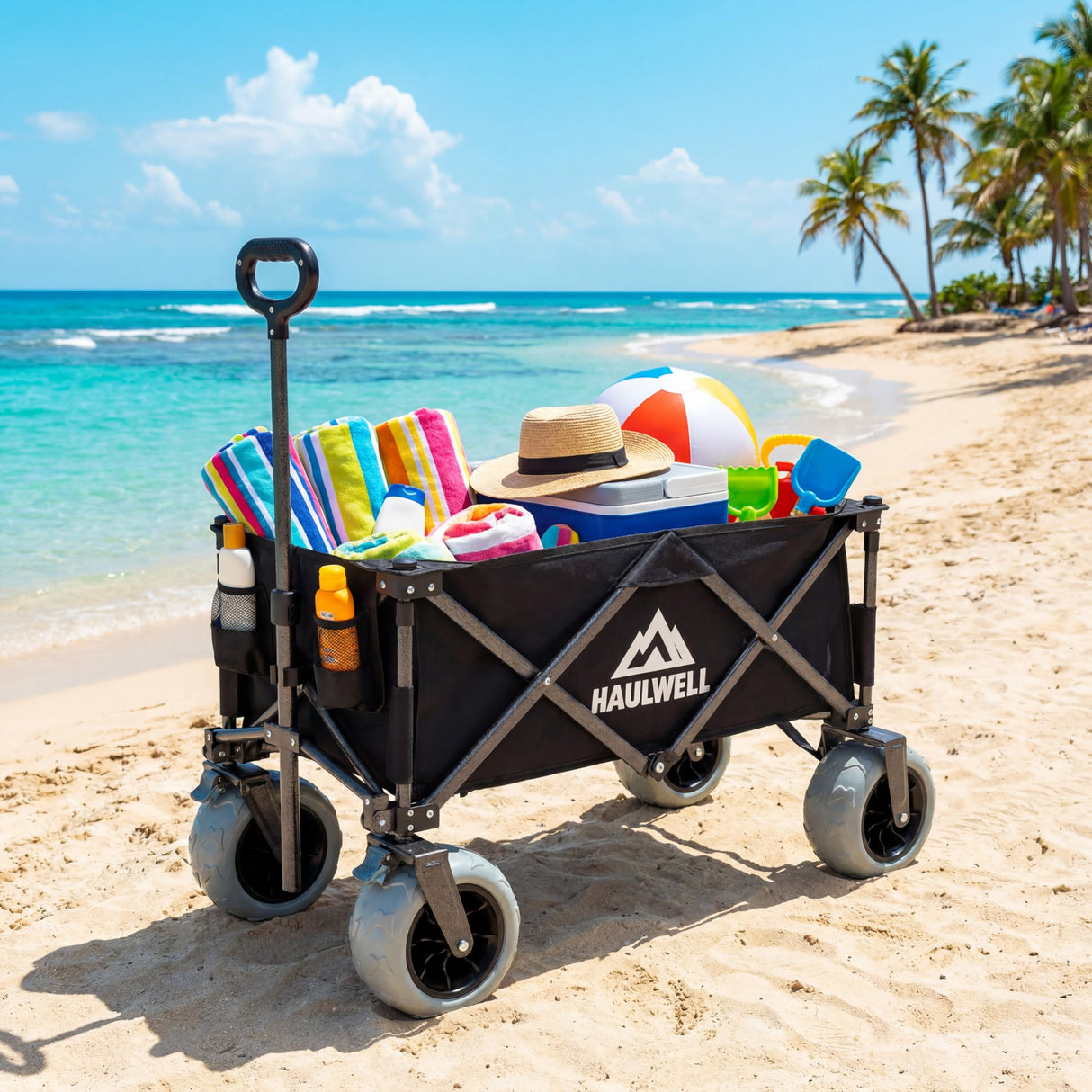 Beach Wagon with Big Wheels for Sand | Beach Cart for Sand | Collapsible Heavy Duty Beach Wagon for Kids, Camping & Outdoor | All Terrain Folding Cart | Haulwell | Black