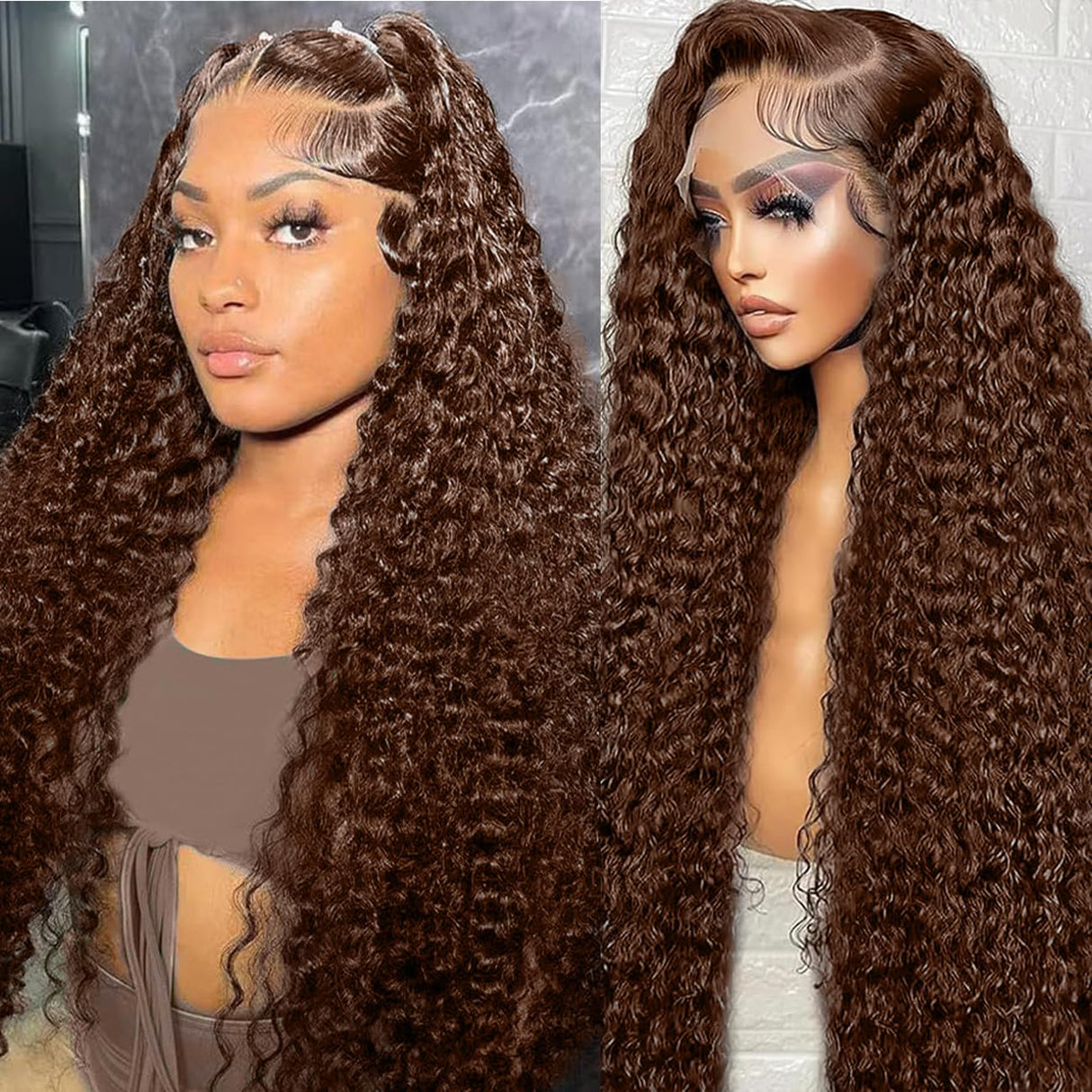 30 Inch Chocolate Brown Deep Wave Lace Front Wigs Human Hair 13x6 Hd Curly Lace Frontal Wigs for Black Women Pre Plucked Wet and Wavy Glueless 4# Brown Color