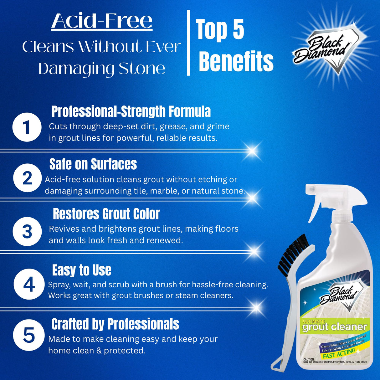 Black Diamond Ultimate Grout Cleaner: Best Cleaner for Tile,Ceramic,Porcelain, Marble Acid-Free Safe Deep Cleaner & Stain Remover for Even The Dirtiest Grout. (1-Quart/1-Brush)