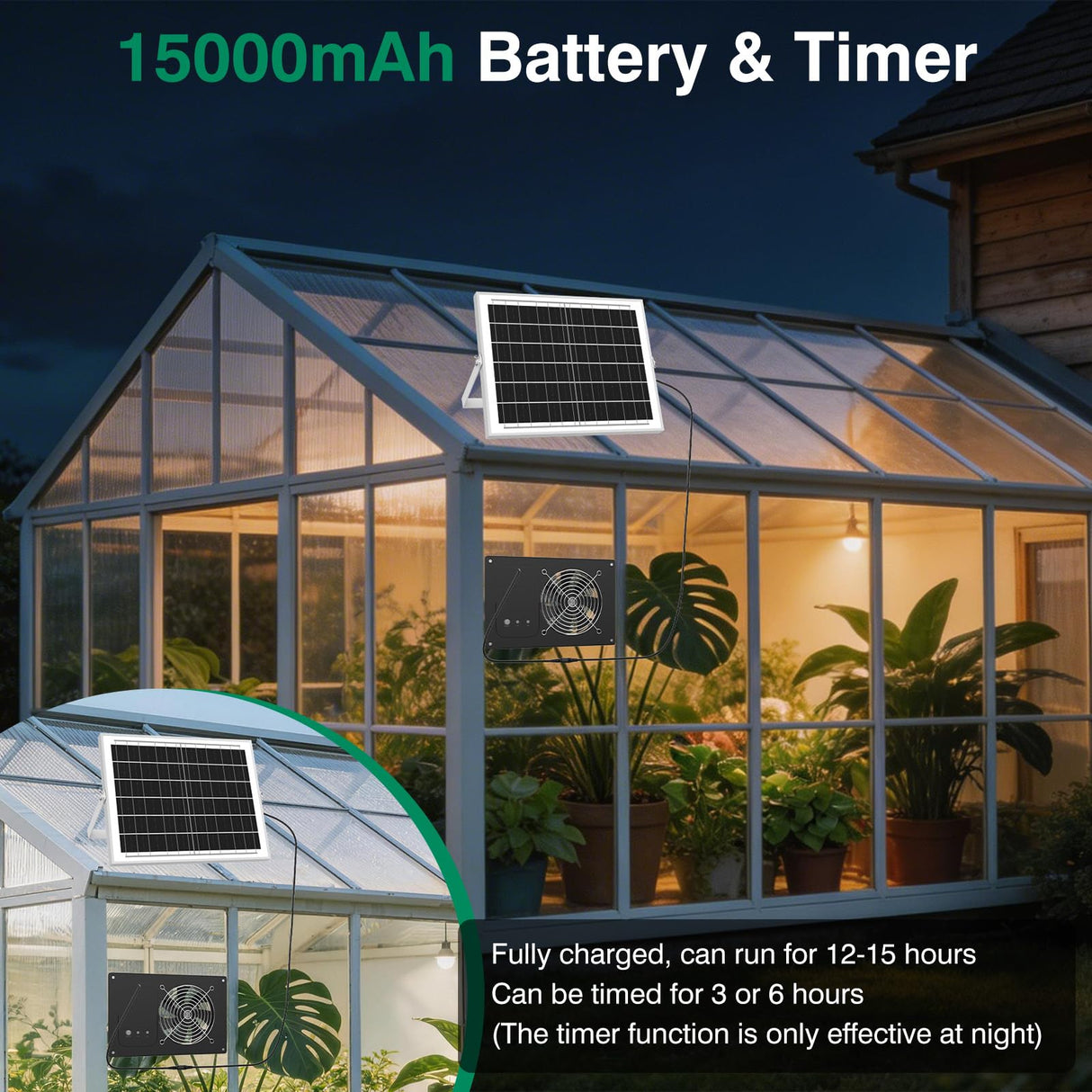 Solar Powered Fan with 15000mAh Battery & Timer, 25W 3500RPM High-Speed Solar Exhaust Fan, Low Noise Waterproof Ventilation for Chicken Coop, Greenhouse, Shed & Pet House