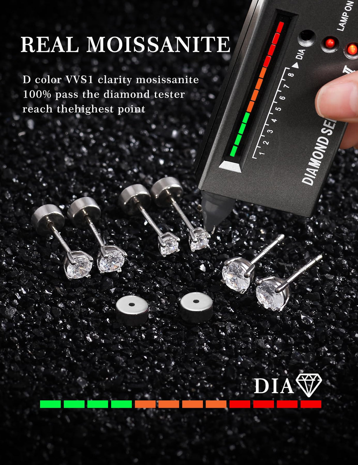 3 Pairs Moissanite Flatback Stud Earrings for Women, 925 Sterling Silver Hypoallergenic Flat Back Cartilage Earrings Set, 18K White Gold Plated (3,4,5mm)