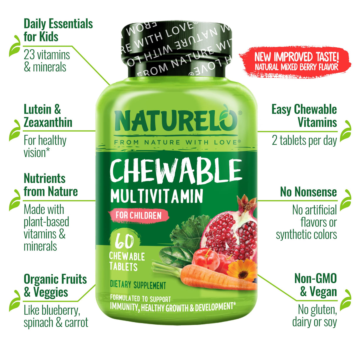 NATURELO Chewable Vitamin for Kids Multivitamin with Whole Food Organic Fruit Blend - 60 Tablets for Children