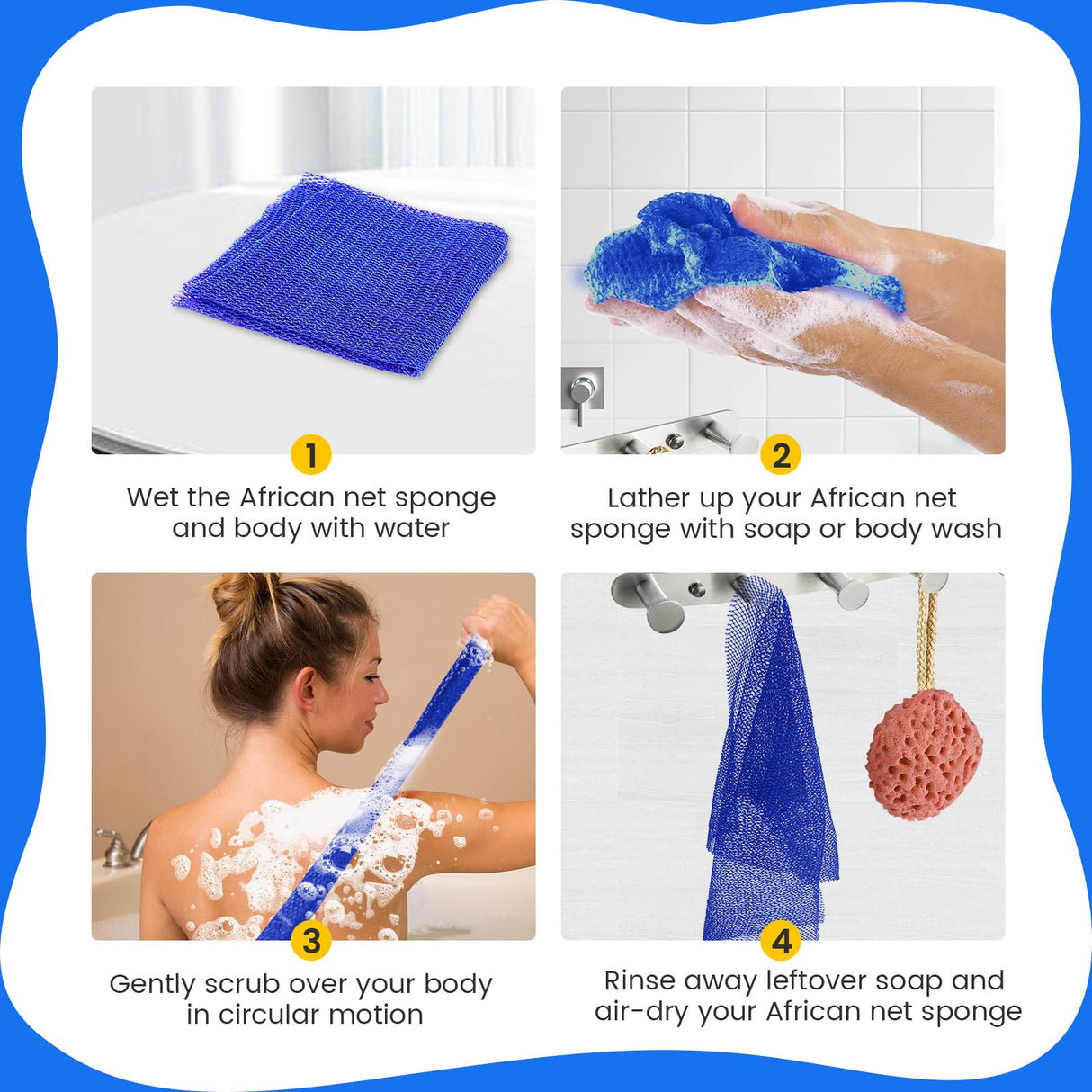 ZOCY African Net Sponge, Authentic Exfoliating Body Scrubber for Bath and Shower, Multiple Textures with Gentle Deep Exfoliating and Rich Lather for All Skins (Blue)
