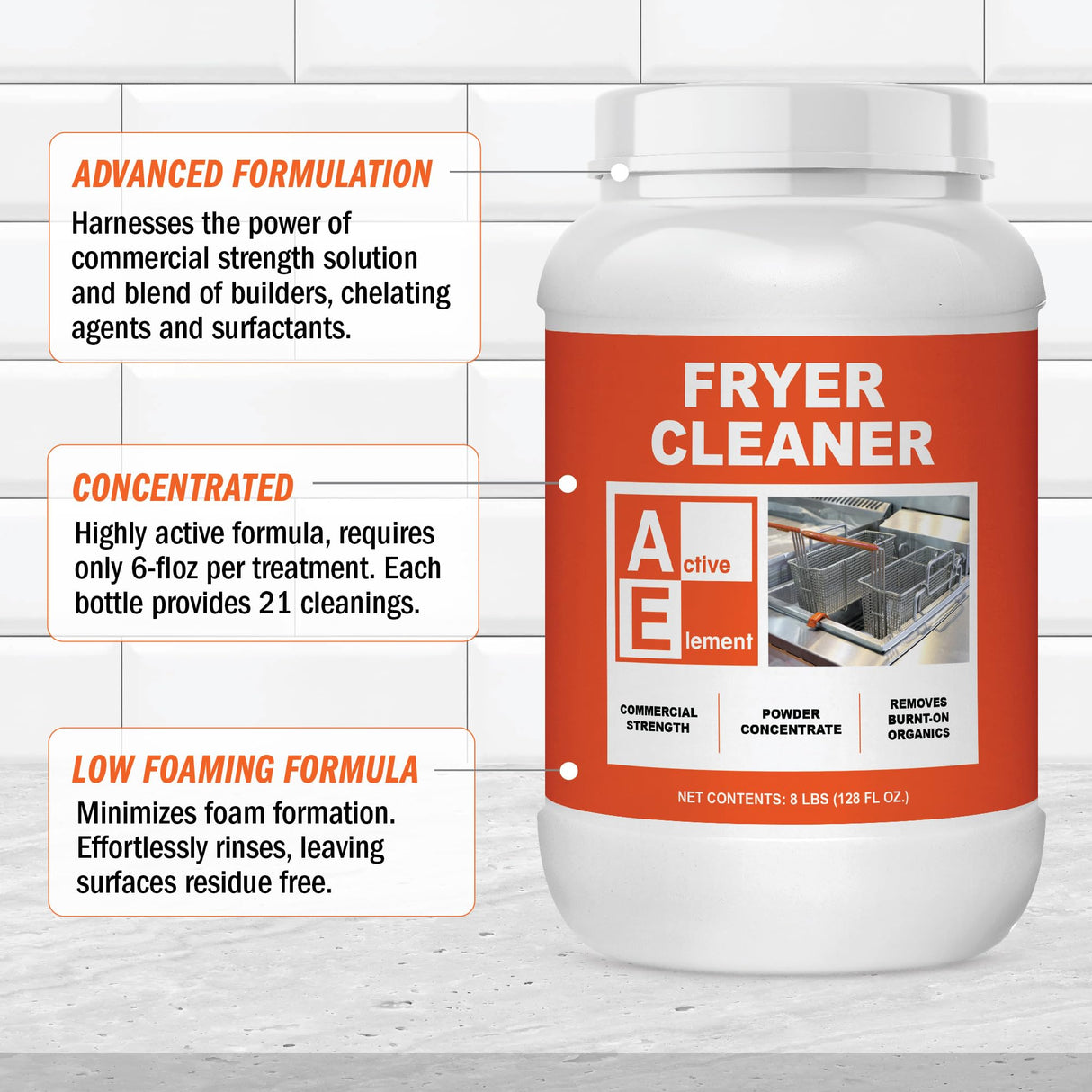 Active Element Fryer Cleaner - 8-lbs - Fryer Boil Out - Contains 21 Cleanings - Concentrated Powder - Commercial Strength - Removes Burnt On Organics - Deep Fryer Cleaner