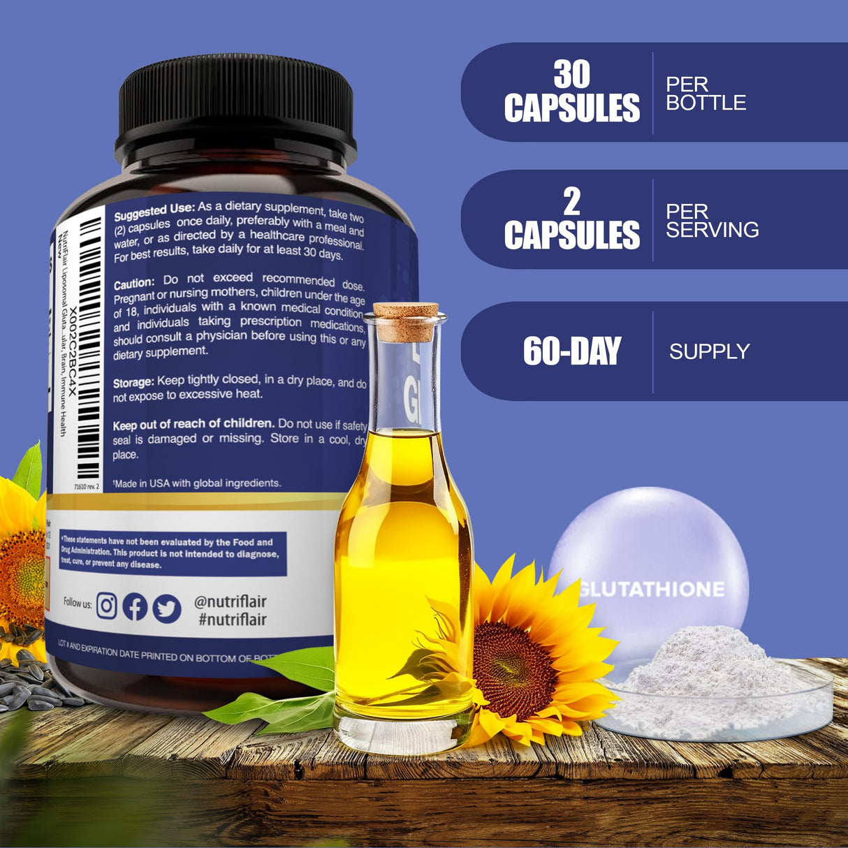 NutriFlair Liposomal Glutathione Supplement 700mg – Setria® Reduced L-Glutathione, 60 Capsules