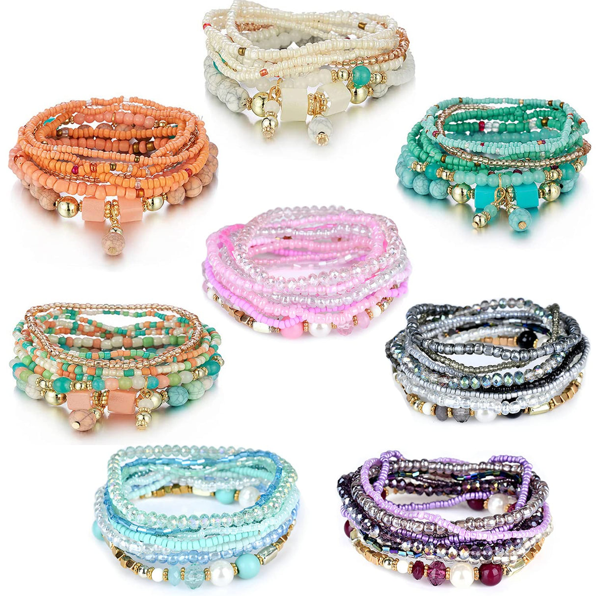 FINZOR 8 Sets Bohemian Stackable Bead Bracelets for Women Bohemian Bracelets Stretch Multi Layered beads Bracelet Set Boho Multicolor