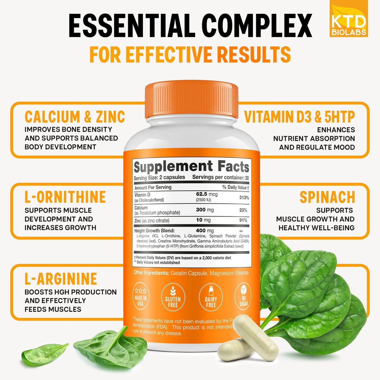 KTD BIOLABS Height Growth Maximizer - Made in USA - Natural Height Increase Booster & Teen Vitamins - Pills to Grow Taller at Any Age - Bone Growth Supplement for Adults & Kids