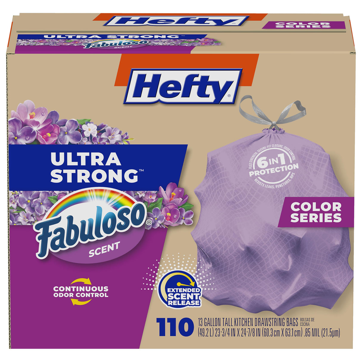 Hefty Ultra Strong 13 Gallon Trash Bags, Tall Kitchen Trash Bags 13 Gallon Size, Resist Leaks, Punctures, and Rips, Continuous Odor Control, Purple, Fabuloso Scent, 110 Bags