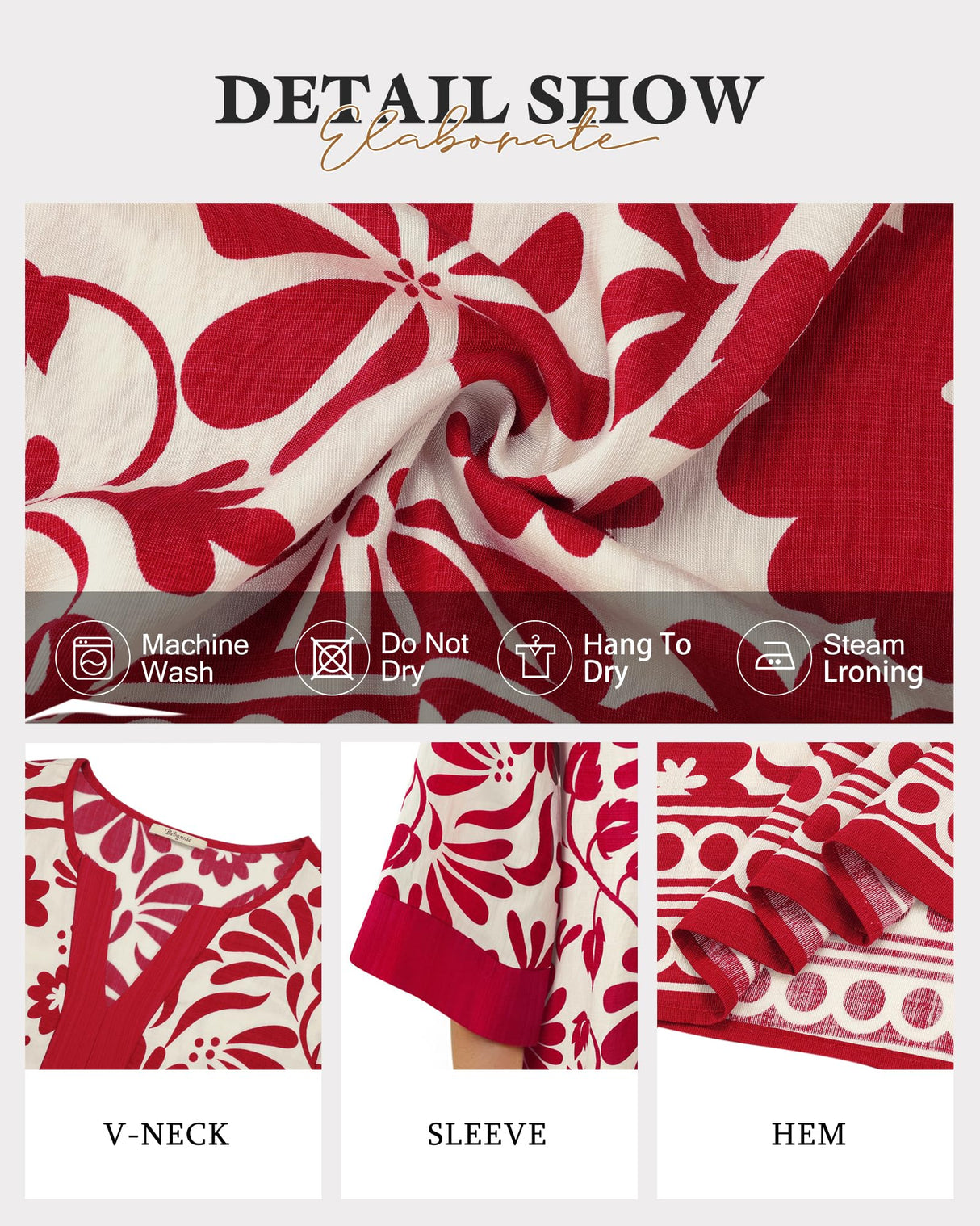 Bebonnie Office Tops for Women Work: 3/4 Sleeve V Neck Dressy Blouses for Women - Womens Blouses Dressy Casual Bell Sleeve Fall - Ladies Tunic Tops Plus Size for Holiday Christmas Multi Red XXL